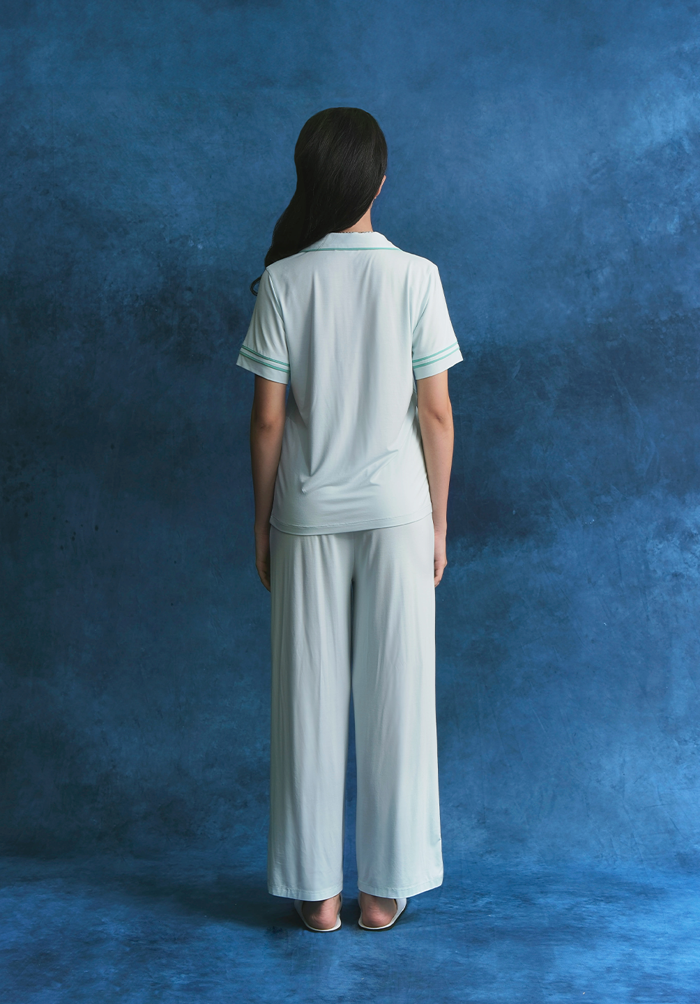 Salie Signature Bamboo Button Long Pyjamas in Powder Blue