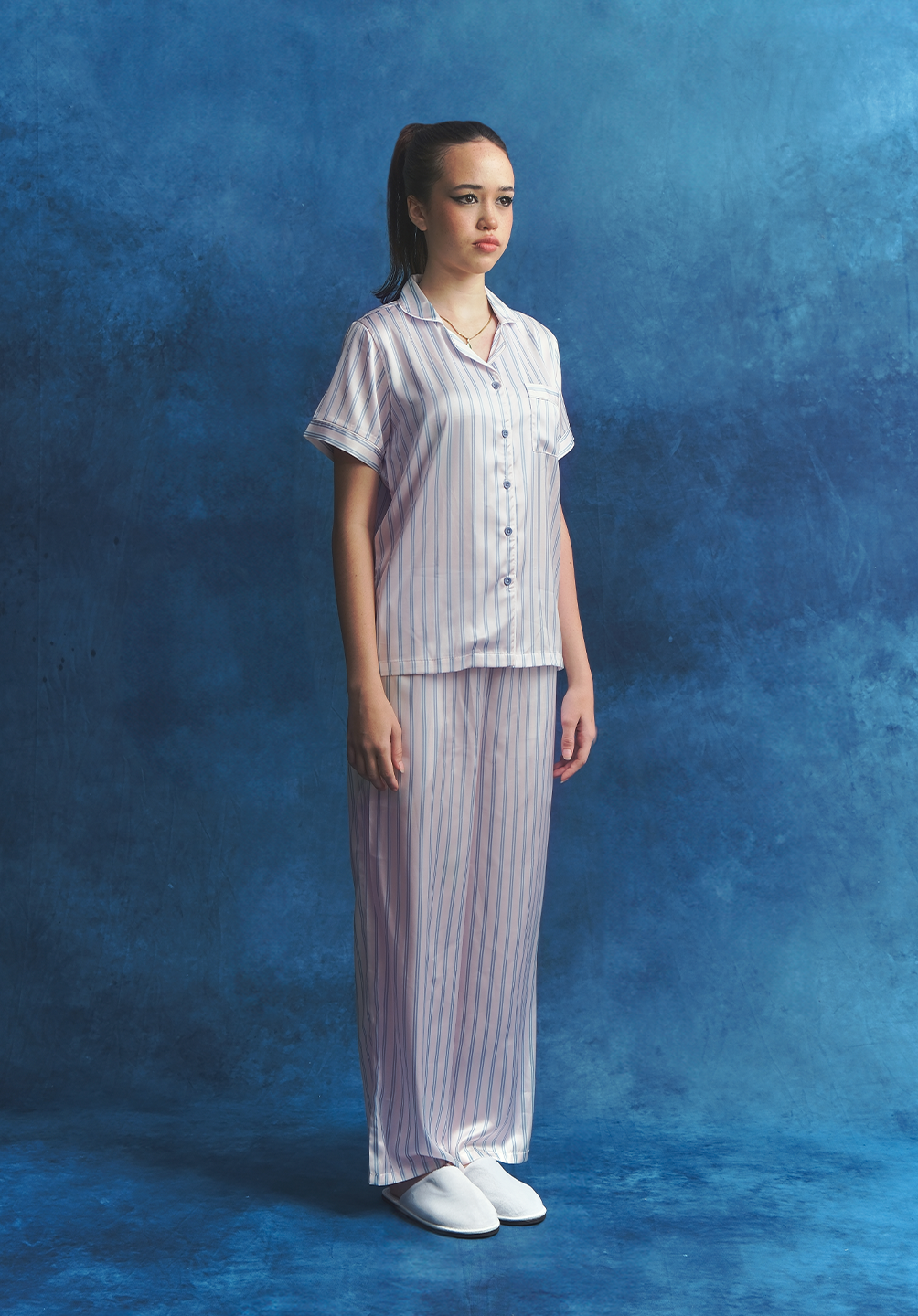 Salie Glaze Button Stripes Long Pyjamas in Candy Blue