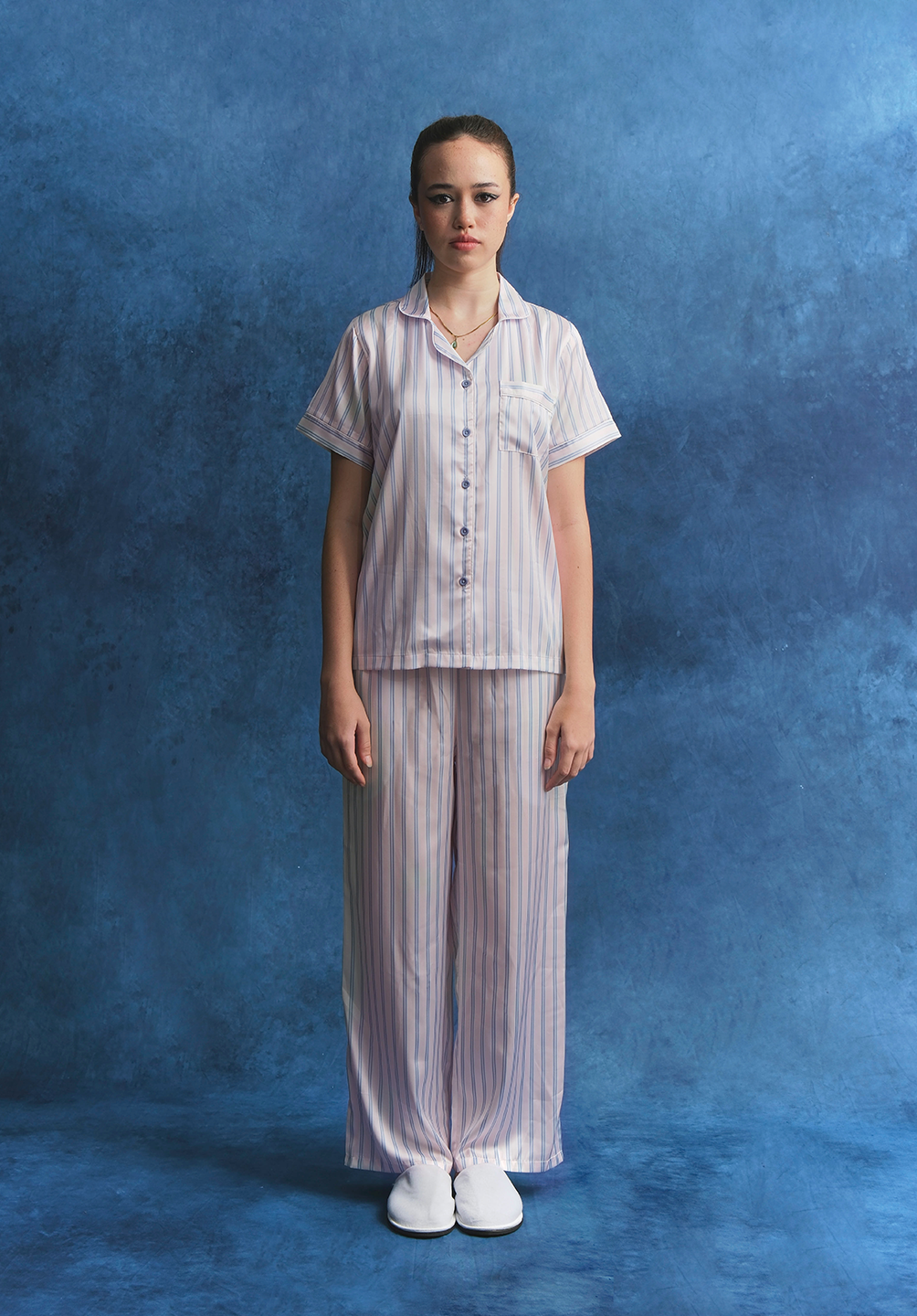 Salie Glaze Button Stripes Long Pyjamas in Candy Blue