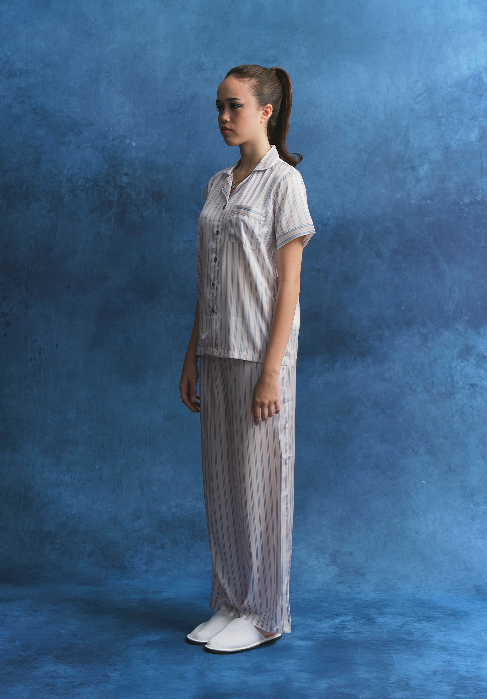 Salie Glaze Button Stripes Long Pyjamas in Candy Blue