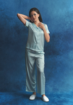 Salie Glaze Button Stripes Long Pyjamas in Mint Blue