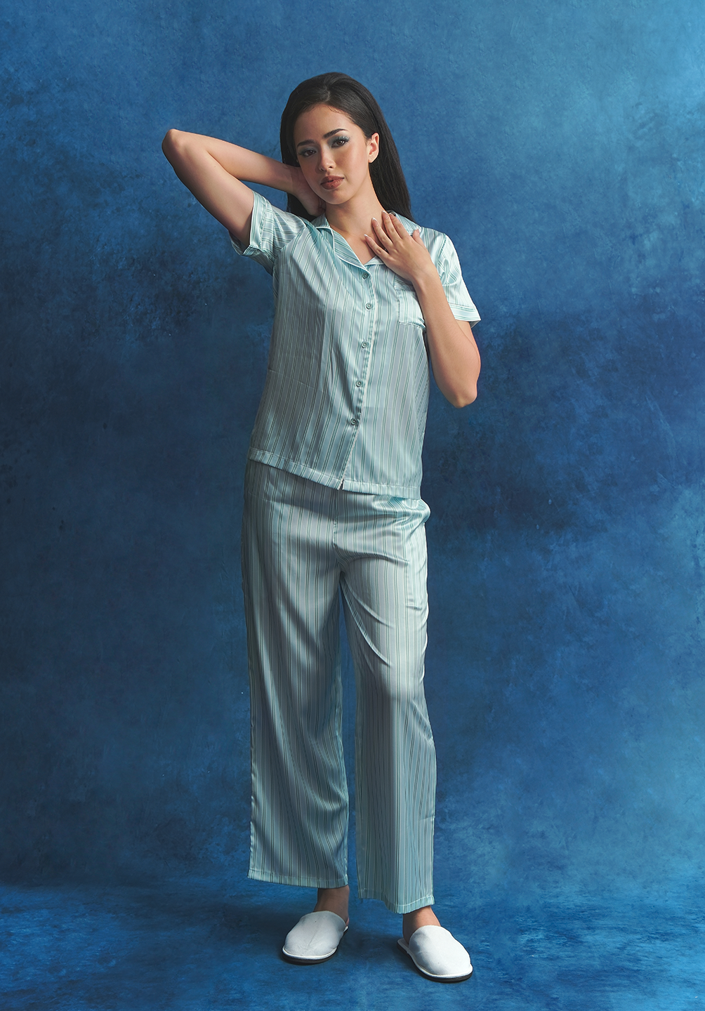 Salie Glaze Button Stripes Long Pyjamas in Mint Blue