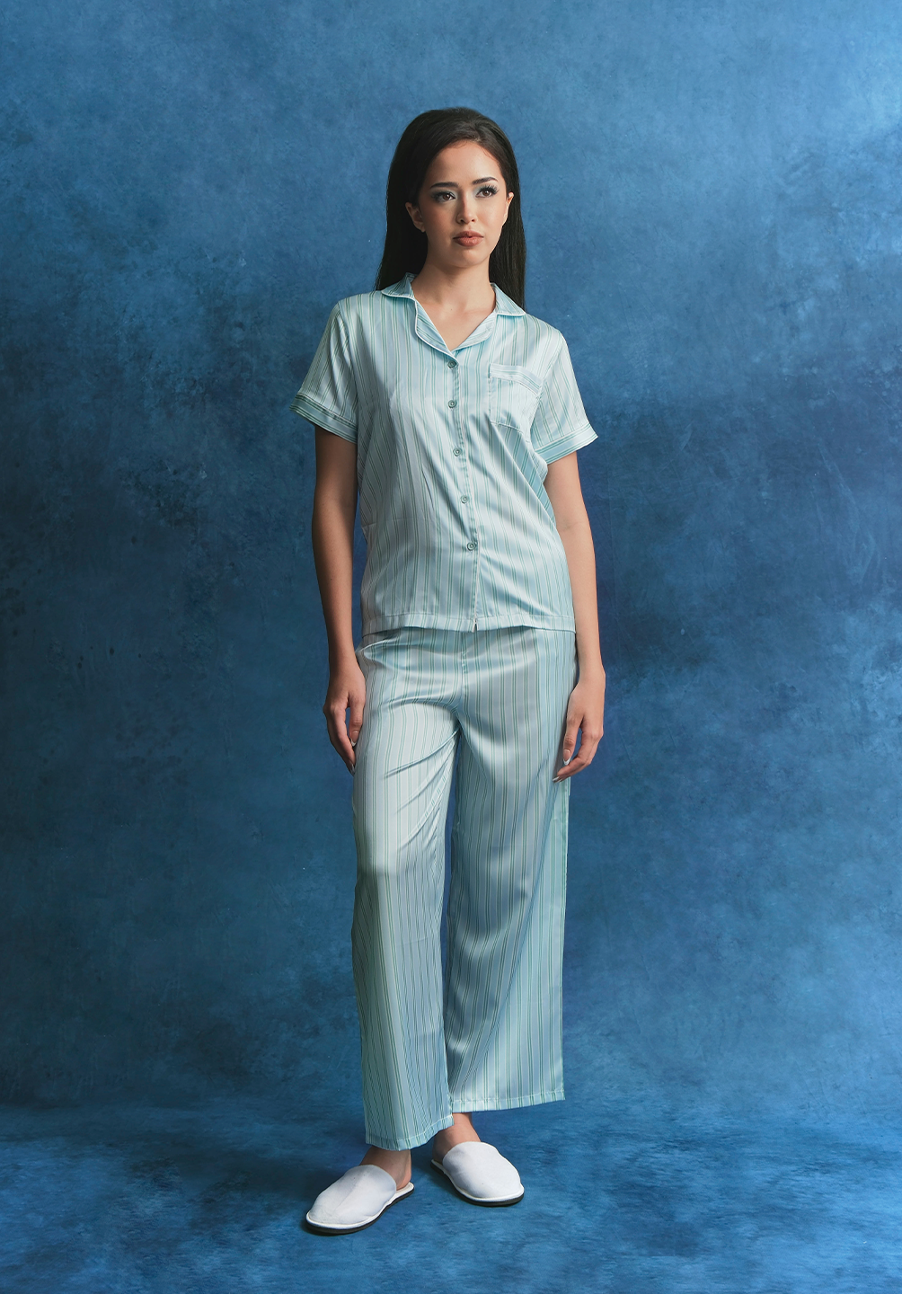 Salie Glaze Button Stripes Long Pyjamas in Mint Blue