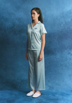Salie Glaze Button Stripes Long Pyjamas in Mint Blue