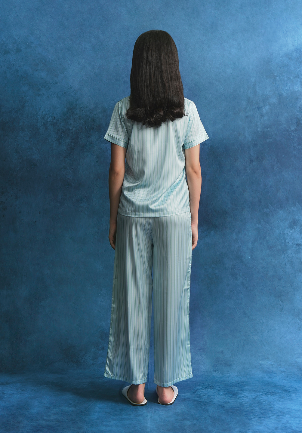 Salie Glaze Button Stripes Long Pyjamas in Mint Blue
