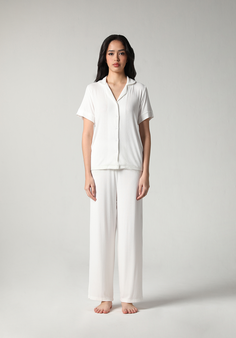 SALIE X Elxi Elvina - Bamboo Pointelle Button Long Pyjamas in Opal White
