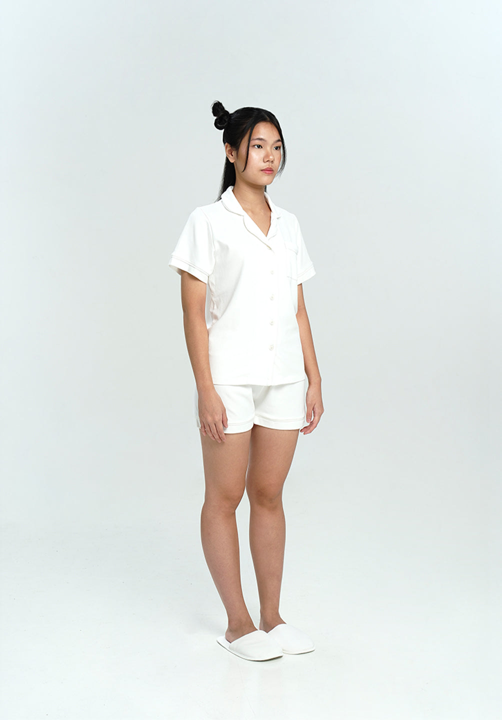 Women Cotton Button Pyjamas Short Pants in Milk