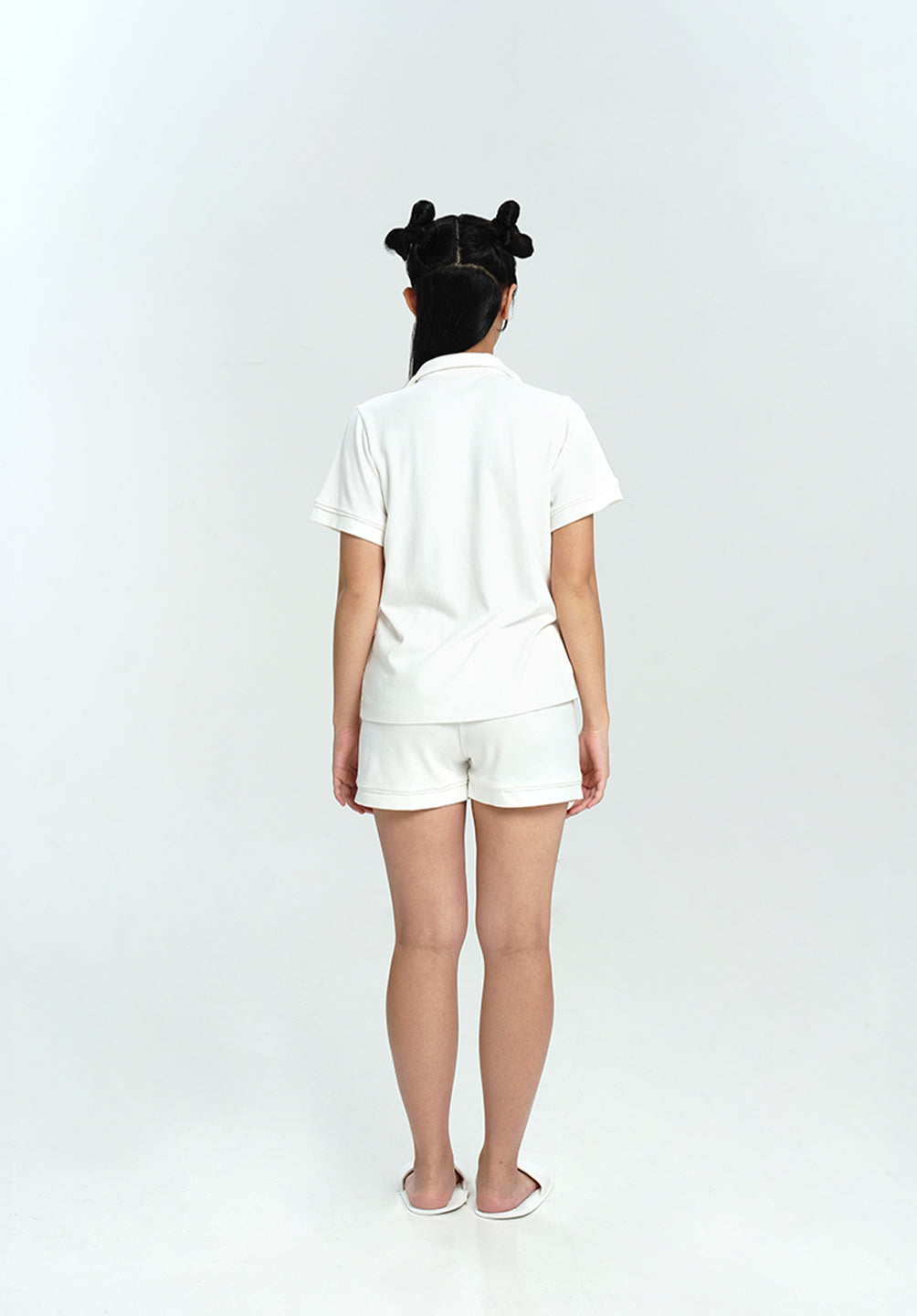 Women Cotton Button Pyjamas Short Pants in Milk