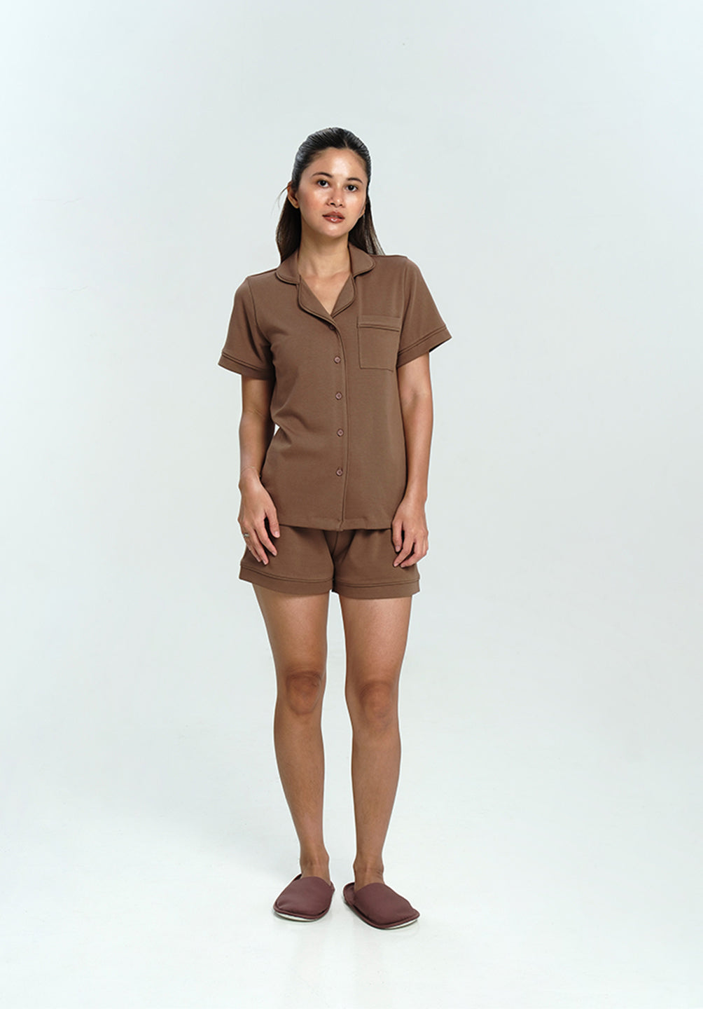 Women Cotton Button Pyjamas Short Pants in Espresso