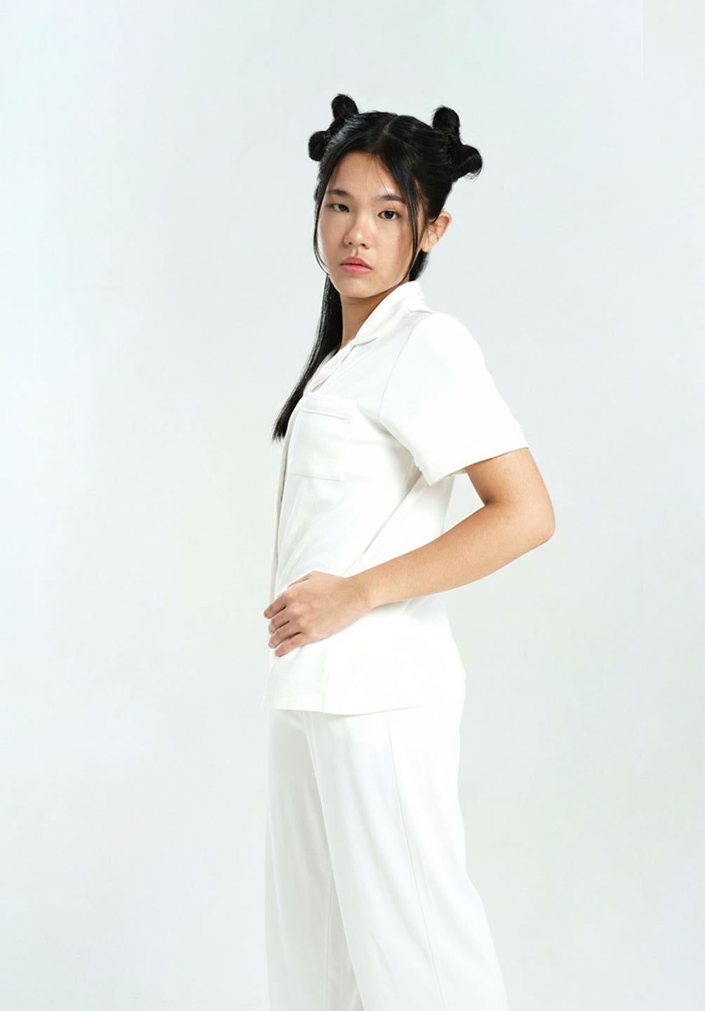 Women Cotton Button Pyjamas Long Pants in Milk