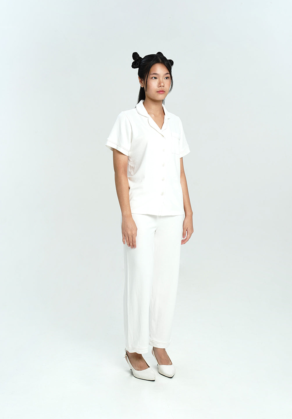 Women Cotton Button Pyjamas Long Pants in Milk