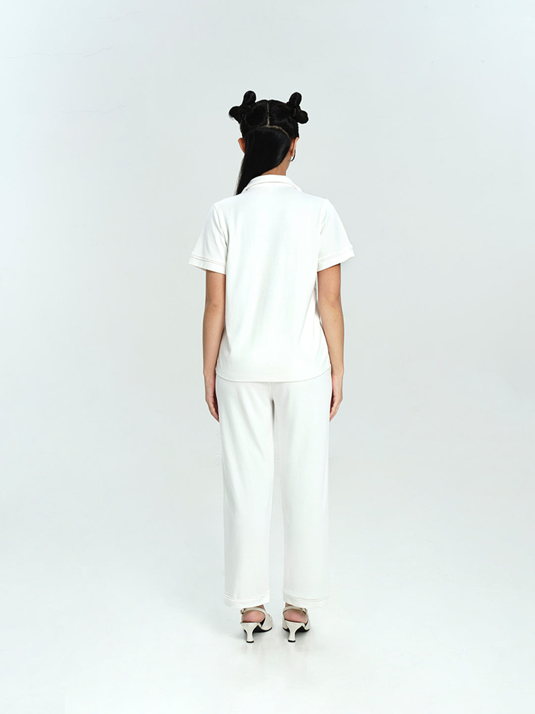 Women Cotton Button Pyjamas Long Pants in Milk