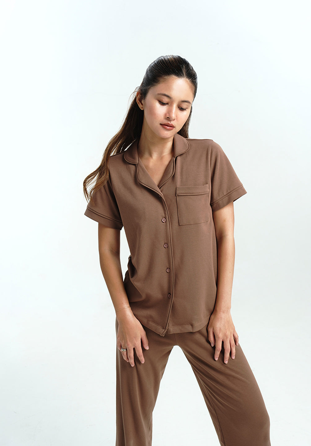 Women Cotton Button Pyjamas Long Pants in Espresso