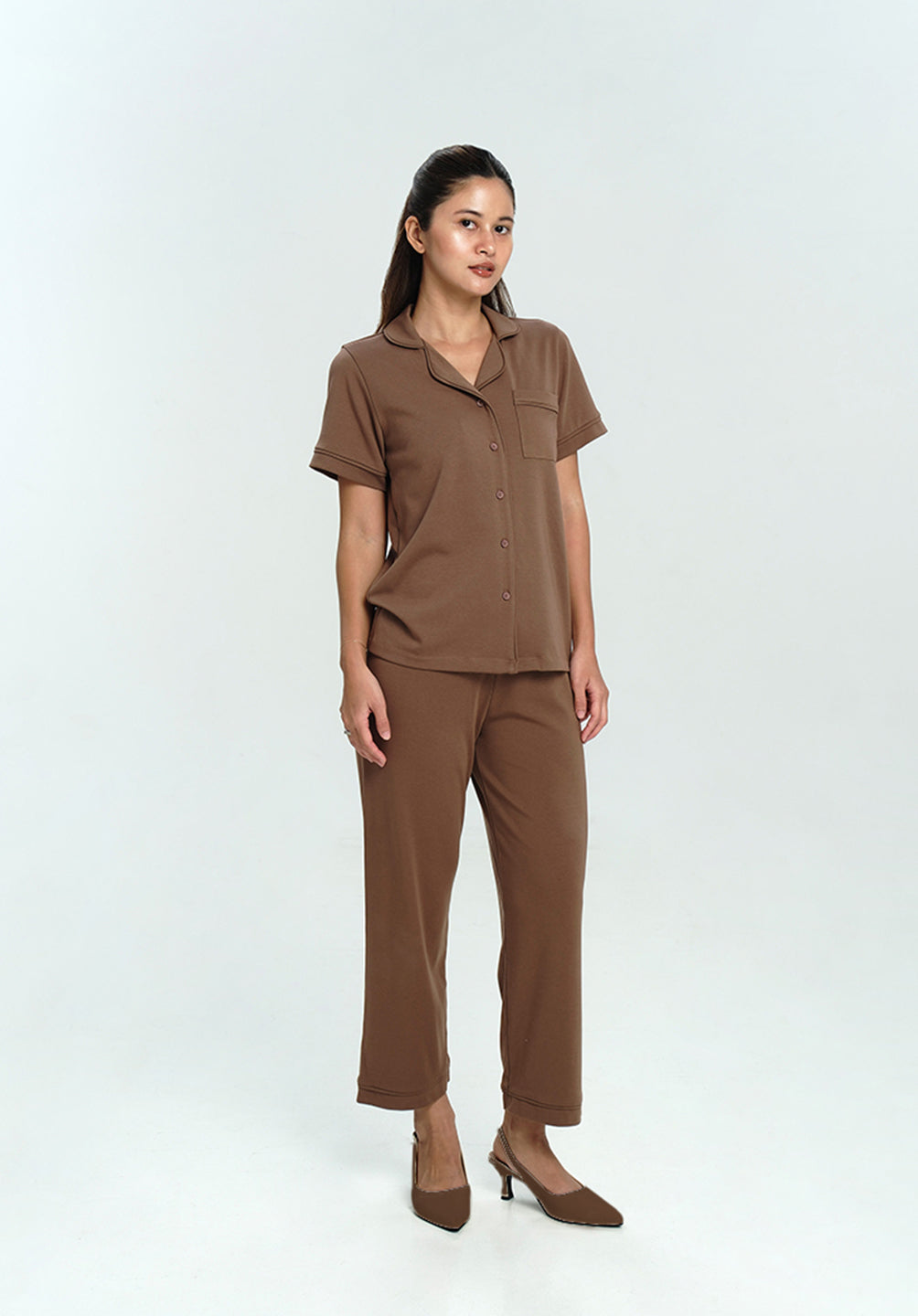 Women Cotton Button Pyjamas Long Pants in Espresso