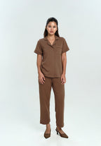 Women Cotton Button Pyjamas Long Pants in Espresso