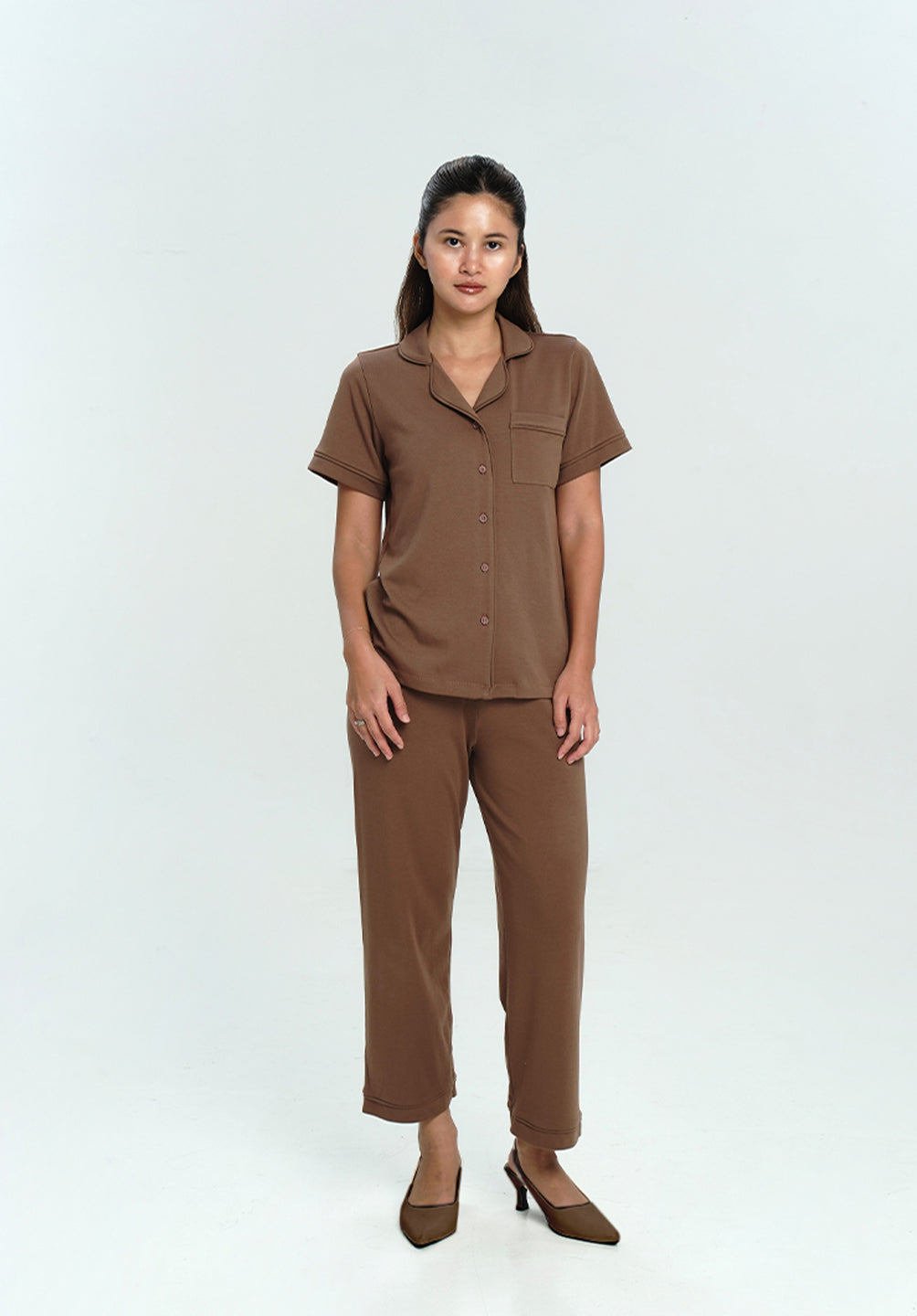 Women Cotton Button Pyjamas Long Pants in Espresso