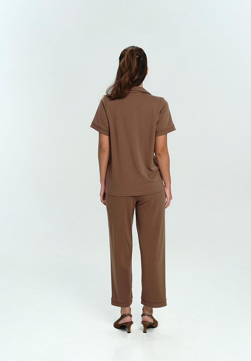 Women Cotton Button Pyjamas Long Pants in Espresso