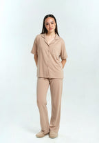 Women Cotton Button Pyjamas Long Pants in Taupe