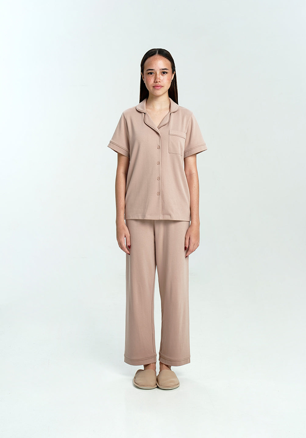 Women Cotton Button Pyjamas Long Pants in Taupe