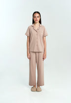 Women Cotton Button Pyjamas Long Pants in Taupe
