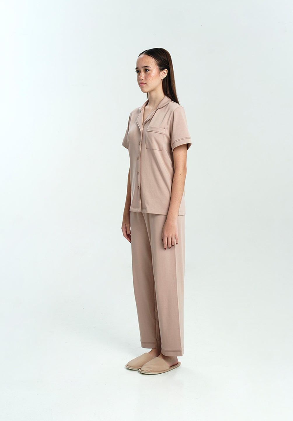 Women Cotton Button Pyjamas Long Pants in Taupe