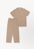 Women Cotton Button Pyjamas Long Pants in Taupe